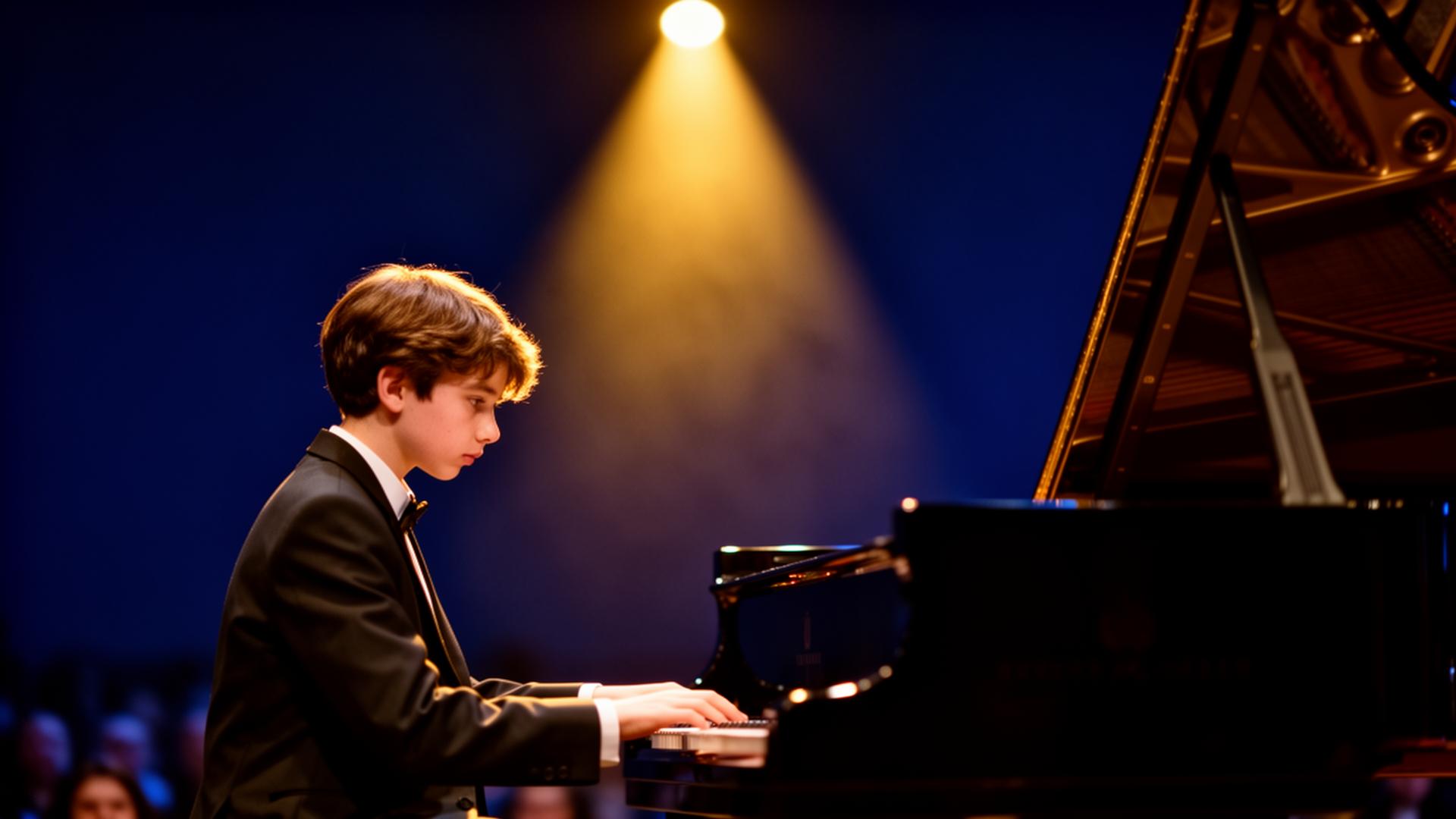 Student performing piano on stage
